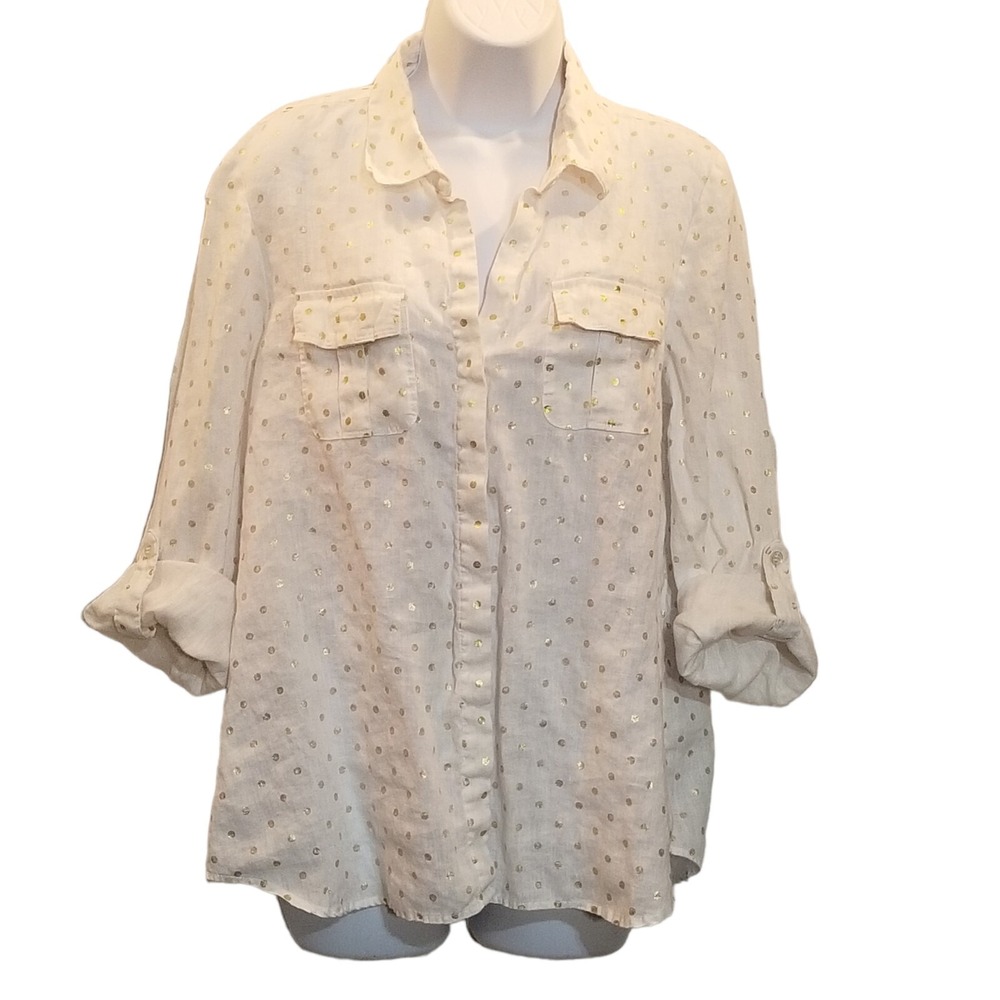 Charter Club Linen Top Womens L White Gold Metallic Polka Dot Roll Tab Sleeve